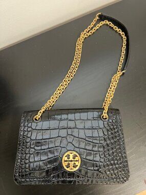 Tory Burch Eleanor Croc Embossed Leather Convertible Shoulder Bag With Dustbag
